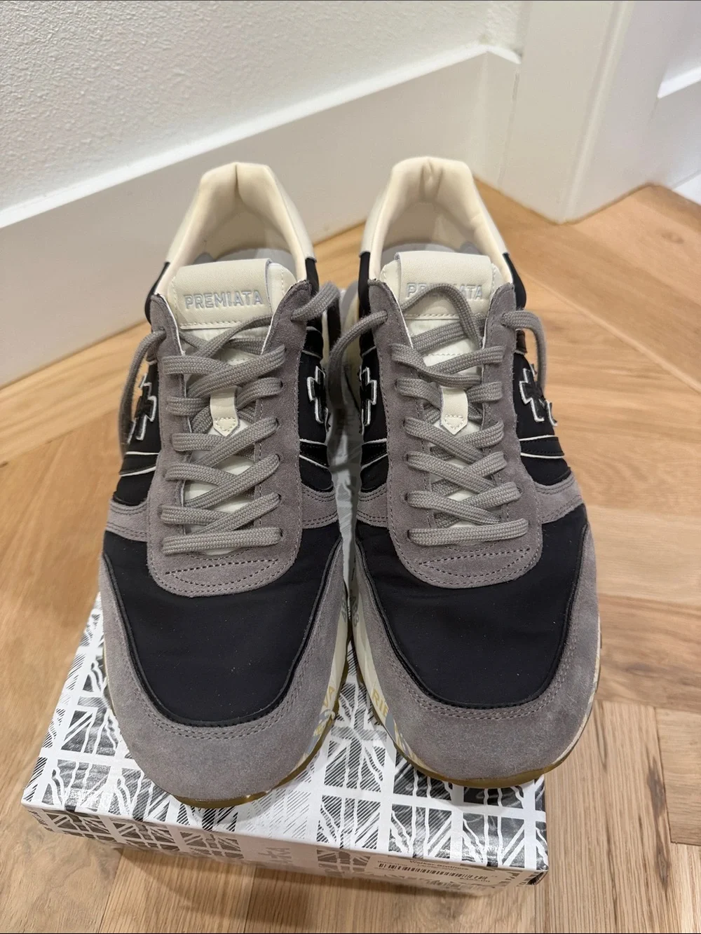 Premiata Men's Lander Black, Gray & Cream Suede Sneakers